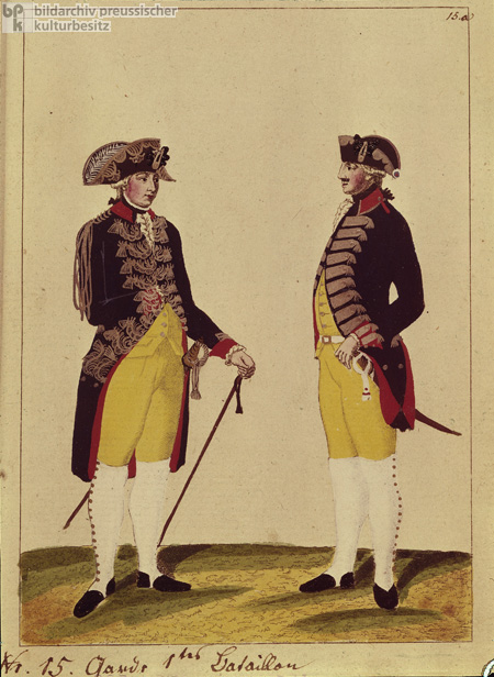 Preußische Uniformen ca. 1785: Offizier und Grenadier vom 1. Gardebataillon Nr. 15 (spätes 18. Jahrhundert)